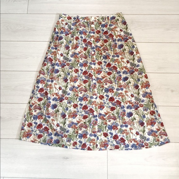 Vintage floral midi button down skirt